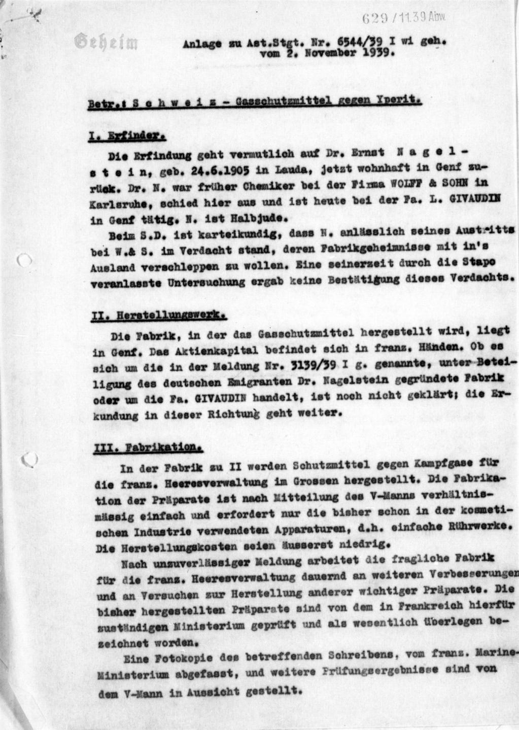 Anlage zum internen Schreiben Nov. 1939