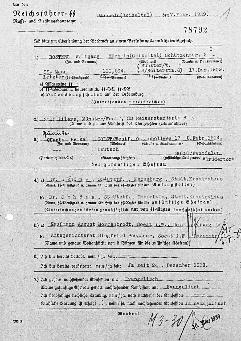 Verlobung- und Heiratsgesuch Wolfgang Rosterg