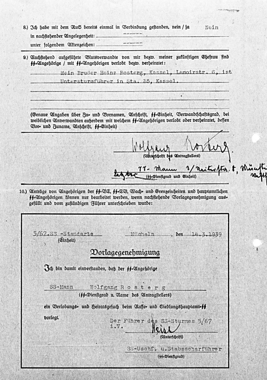 Verlobungs- und Heiratsgesuch Rücks. Wolfgang Rosterg